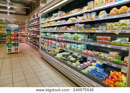 MILAN, ITALY - CIRCA NOVEMBER, 2017: interior shot of Carrefour Express in Milan
