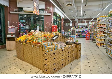 MILAN, ITALY - CIRCA NOVEMBER, 2017: interior shot of Carrefour Express in Milan