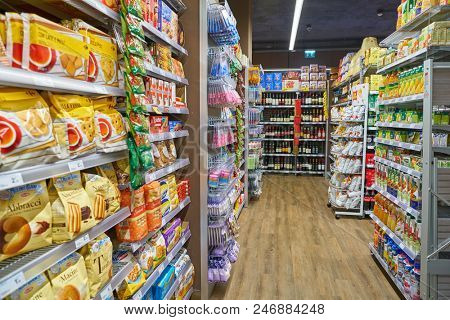 MILAN, ITALY - CIRCA NOVEMBER, 2017: interior shot of Carrefour Express store in Milan