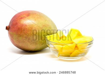 Mango Fruits And Mango Cubes In The Glass Bowl. Diced Mango.