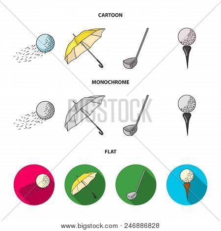 A Flying Ball, A Yellow Umbrella, A Golf Club, A Ball On A Stand. Golf Club Set Collection Icons In 