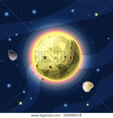 Io, Vector Cartoon Illustration. Yellow Jupiter Moon Io Of Solar System In Dark Deep Blue Space, Iso