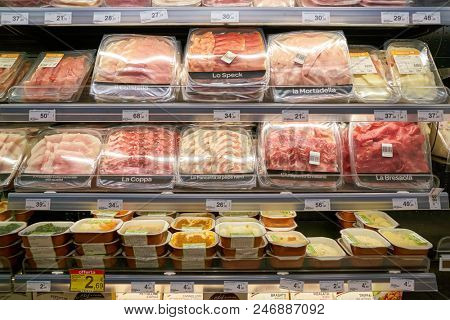 MILAN, ITALY - CIRCA NOVEMBER, 2017: food products for sale in Carrefour Express store in Milan.