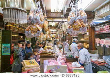 MILAN, ITALY - CIRCA NOVEMBER, 2017: assortment of meat products on display in shop in Milan.