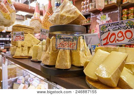MILAN, ITALY - CIRCA NOVEMBER, 2017: assortment of cheese on display in shop in Milan.