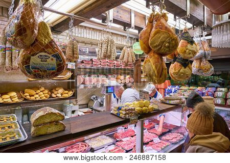 MILAN, ITALY - CIRCA NOVEMBER, 2017: assortment of meat products on display in shop in Milan.
