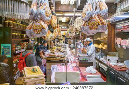 MILAN, ITALY - CIRCA NOVEMBER, 2017: assortment of meat products on display in shop in Milan.