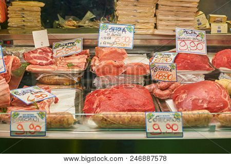 MILAN, ITALY - CIRCA NOVEMBER, 2017: assortment of meat products on display in shop in Milan.