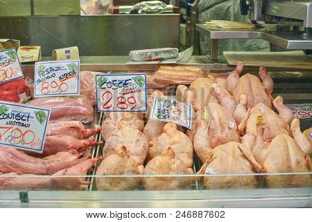 MILAN, ITALY - CIRCA NOVEMBER, 2017: assortment of meat products on display in shop in Milan.