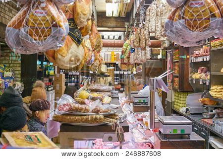 MILAN, ITALY - CIRCA NOVEMBER, 2017: assortment of meat products on display in shop in Milan.