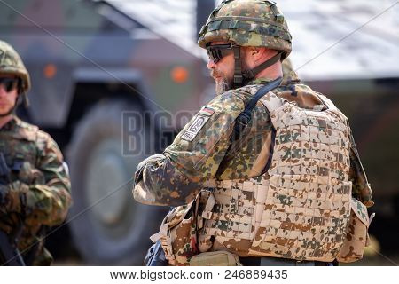 Feldkirchen / Germany - June 9, 2018: German Soldier Instructs Soldiers On A Open Day On Day Of The 