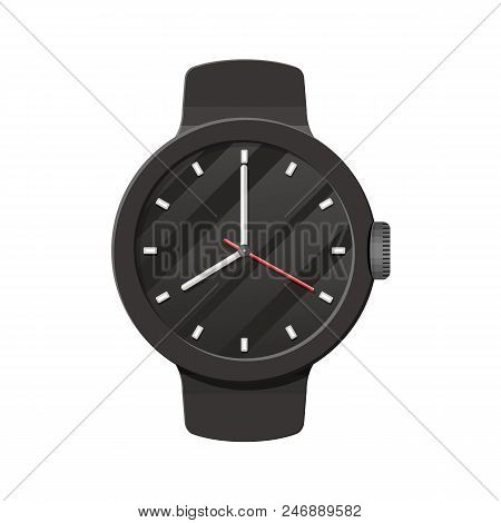 Wristwatch. Check The Time. Time On Wrist Watch. Black Clock With Strap. Vector Illustration In Flat