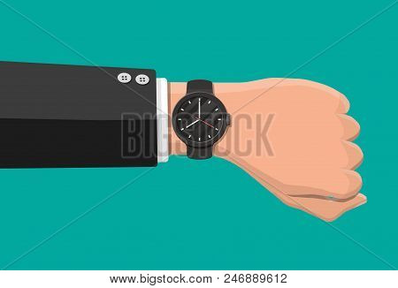 Wristwatch On Hand. Man Check The Time. Time On Wrist Watch. Black Clock With Strap. Vector Illustra