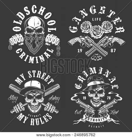 Set Of Gangster Emblems In Monochrome Style. Vector Illustration