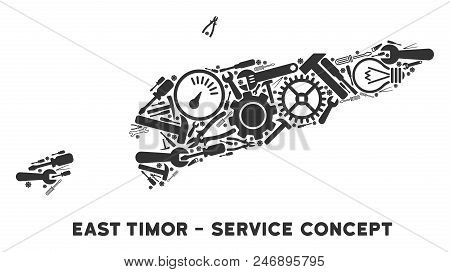 Vector East Timor Map Is Constructed Of Gears, Hammers And Other Technical Icons. Repair Service Eas