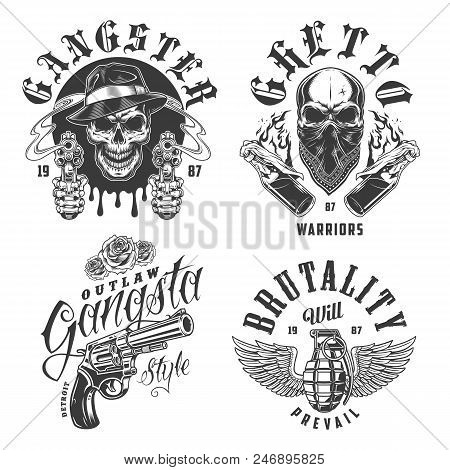 Set Of Gangster Emblems In Monochrome Style. Vector Illustration