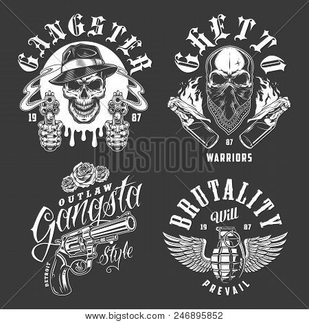 Set Of Gangster Emblems In Monochrome Style. Vector Illustration