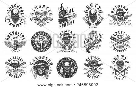Set Of Gangster Emblems In Monochrome Style. Vector Illustration