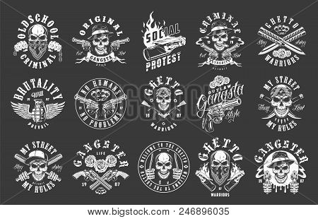 Set Of Gangster Emblems In Monochrome Style. Vector Illustration