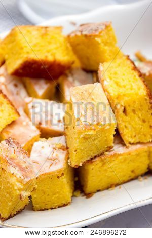 Traditional Moldovan And Romanian Sweet Corn Cake Of Malay With Glaze At The Festival Of National Tr