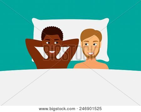 Vector Illustration Of A Happy Gay Couple In Bed . African American Man