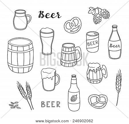 Set Of Hand Drawn Outline Beer In Mug, Bottle, Can And Wooden Keg Isolated On White Background.