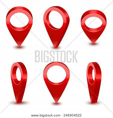 Realistic Detailed 3d Red Map Pointer Pin Set Different View Symbol Of Location And Navigation. Vect
