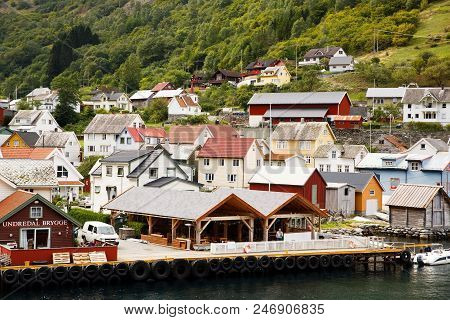 Undredal, Norway-august 16, 2014 -  Tourists And Local People At Undredal Village Port.