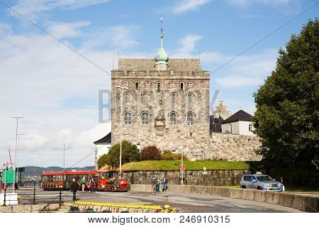 Bergen, Norway-august 17, 2014 -  Bergenhus Fortress And Rosenkrantz Tower In The Historical Part Of