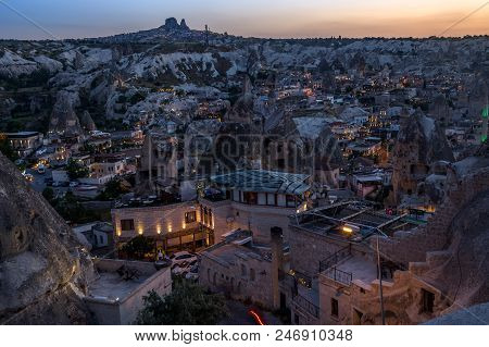 Goreme, Cappadocia, Turkey On Sunset. Famous Center Of Balloon Fligths