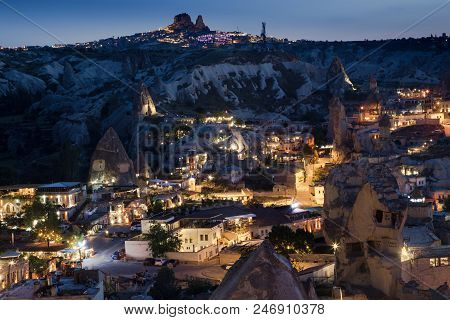 Goreme, Cappadocia, Turkey On Sunset. Famous Center Of Balloon Fligths