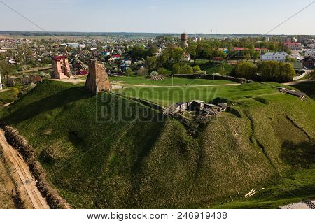 Aerial View Of The Ruins Of The Novogrudok Castle On Sunny Spring Day, Belarus