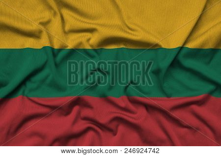 Lithuania Flag  Is Depicted On A Sports Cloth Fabric With Many Folds. Sport Team Waving Banner