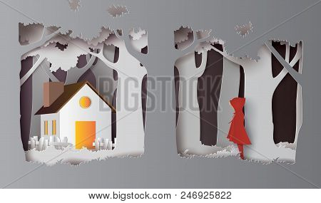 Winter Season With The Girl Wear Red Topcoat In The Forest. Paper Art And Craft Style.
