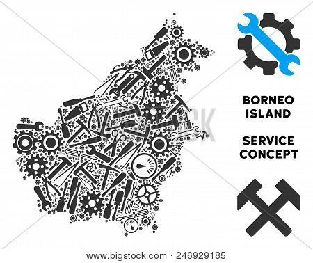 Service Borneo Island Map Composition Of Instruments. Abstract Territorial Scheme In Gray Color. Vec