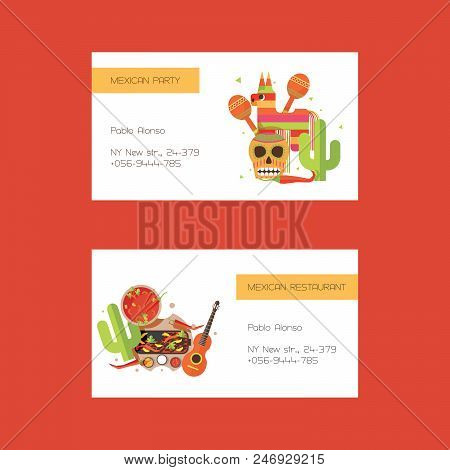Vector Business Cards With Mexican Food Ond Clothes, Pinata On White Background