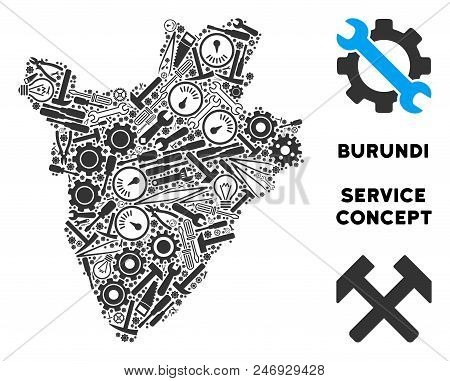 Repair Service Burundi Map Composition Of Tools. Abstract Territory Plan In Grey Color. Vector Burun