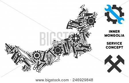 Repair Service Chinese Inner Mongolia Map Collage Of Tools. Abstract Territory Plan In Gray Color. V