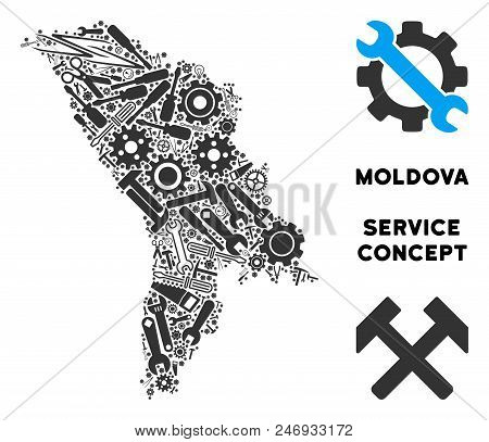 Repair Service Moldova Map Composition Of Tools. Abstract Territory Plan In Gray Color. Vector Moldo
