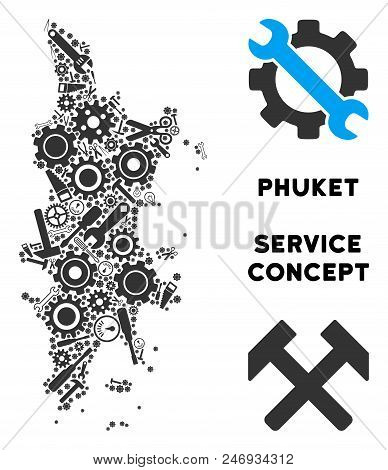 Repair Service Phuket Map Collage Of Instruments. Abstract Territorial Scheme In Gray Color. Vector 