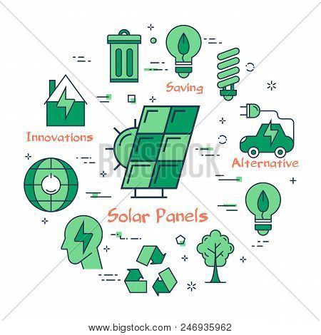 Round Set Of Green Icons With Energy Saving Concept And Alternative Resources Usage Isolated On Whit