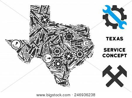 Service Texas Map Mosaic Of Tools. Abstract Geographic Scheme In Gray Color. Vector Texas Map Is Mad