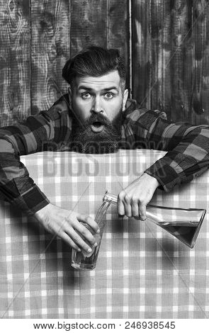 Bartender Overdrink, Drunk. Man In Checkered Shirt On Wooden Background, Blue Tablecloth. Hangover C