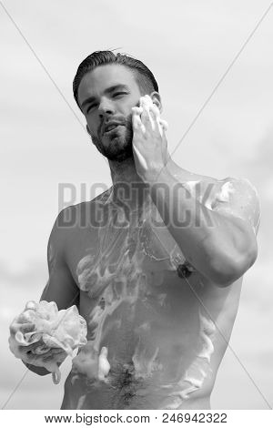 Male Body With Sexy Strong Torso. Guy Covered With Foam. Man With Bristle And Concentrated Face On L