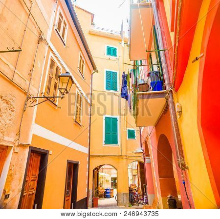 Colorful Buildings In Monterosso In Cinque Terre, Italy On Sunny Day.