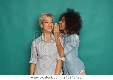 Young Woman Telling Her Girlfriend Some Secret. Two Women Gossiping. Excited Emotional Girl Whisperi