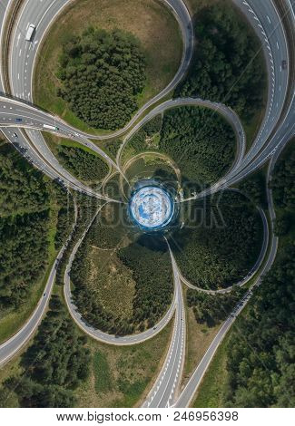 Sphere Planet. Riga, Latvia, Virtual, Reality Vr Technology 360 Life Simulation Drone Shot Daugava R