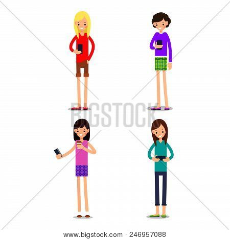 Woman Selfie Isolated. Friends Do Joint Self-portrait Photograph. Happy Smiling Young Girls Taking S