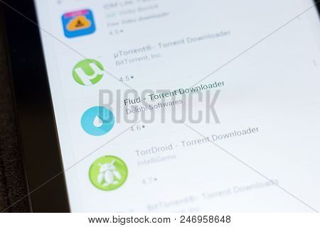 Ryazan, Russia - June 24, 2018: Flud Torrent Downloader Icon On The List Of Mobile Apps
