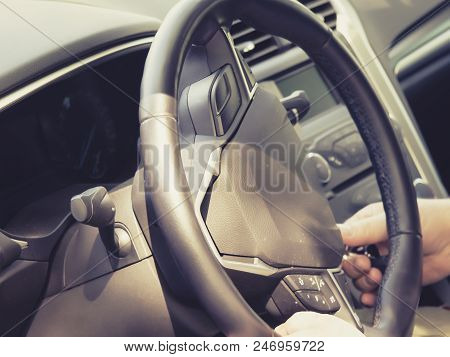 Car Steering Wheel, Start The Car Key, Hands On The Steering Wheel